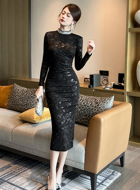 冬天内搭连衣裙女秋冬御姐风黑色丝绒修身显瘦年会晚礼服包臀裙子