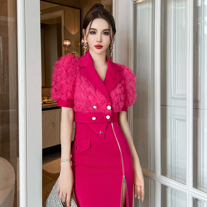 时尚小个子气质短款西装外套女2023年春季新款玫红色修身西服上衣