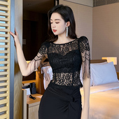 法式 2026新款 别致高级感流苏短袖 夏季 上衣设计感小众女 黑色蕾丝衫