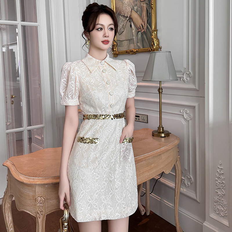 polo领连衣裙女夏季新款亮片小个子生日礼服轻奢高级感收腰短裙