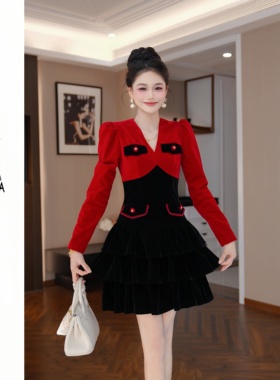 小香风显瘦气质长袖高腰法式名媛秋冬连衣裙22034