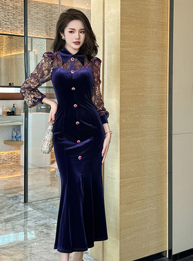 气质高级感正式场合别致漂亮紫色连衣裙复古丝绒年会晚礼服女秋冬