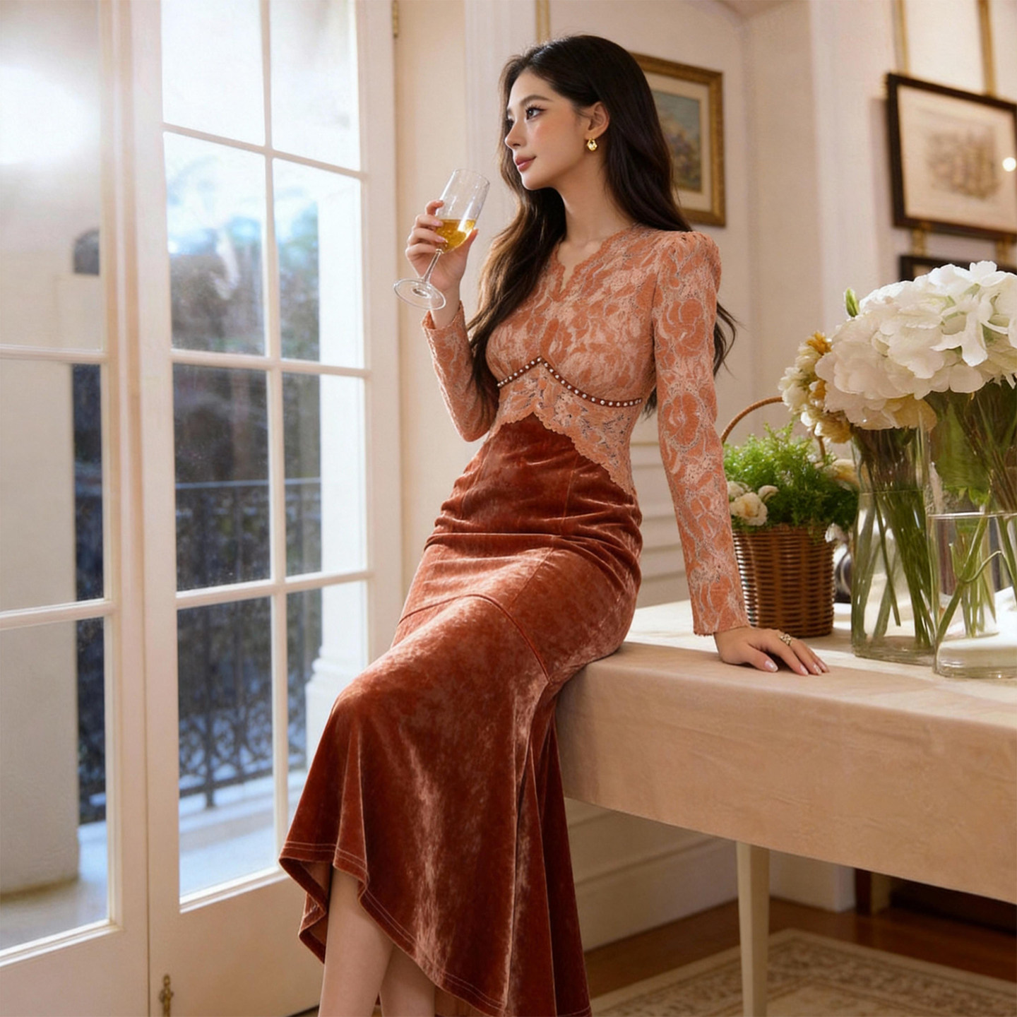 丝绒红色连衣裙女订婚礼服法式性感长袖修身显瘦内搭长款鱼尾裙子