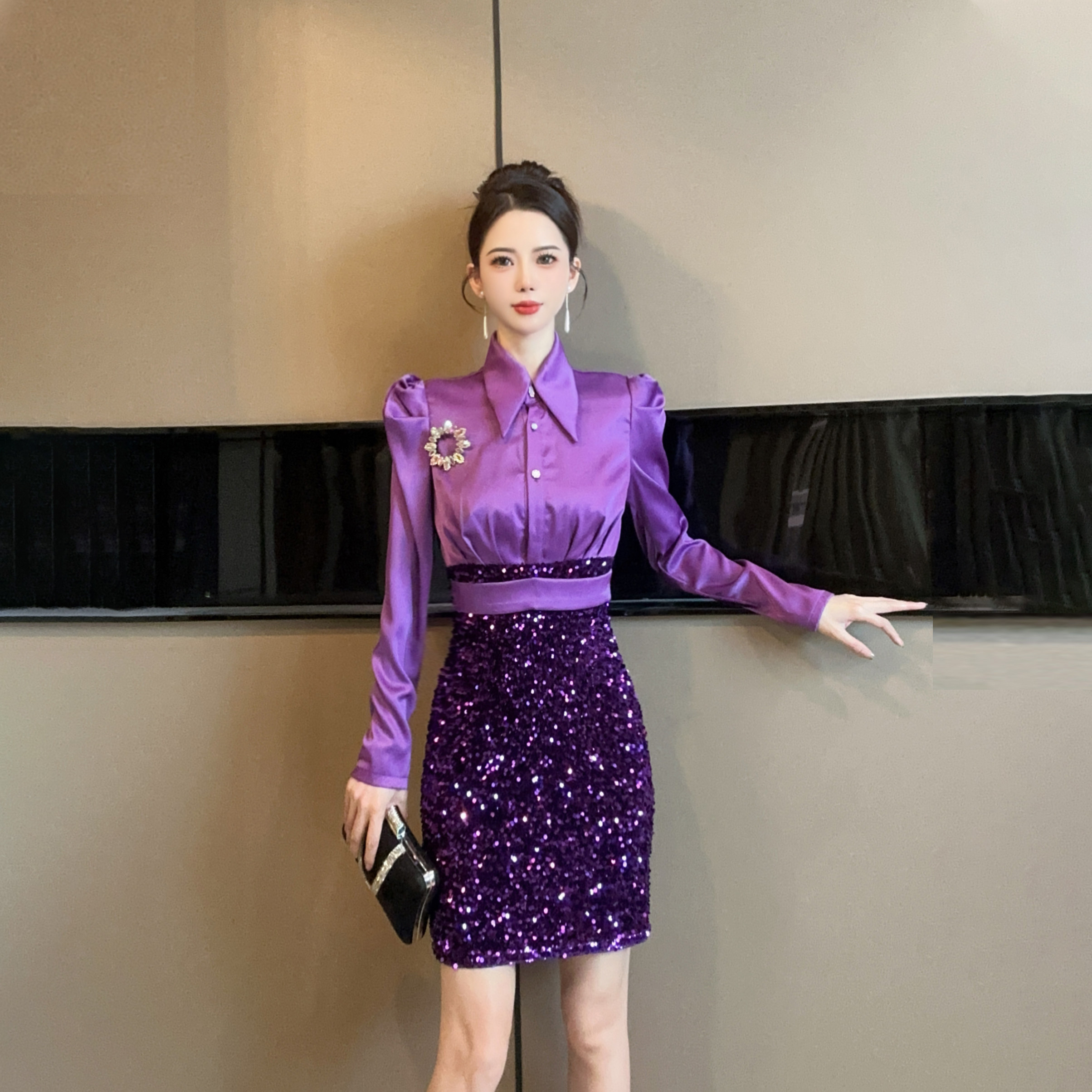 51151收腰衬衫裙长袖法式气质显瘦短款御姐风名媛亮片紫色连衣裙