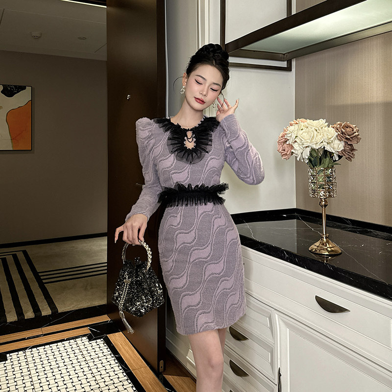 91377长袖连衣裙秋冬女高级感设计感小众轻奢礼服紫色显瘦包臀裙