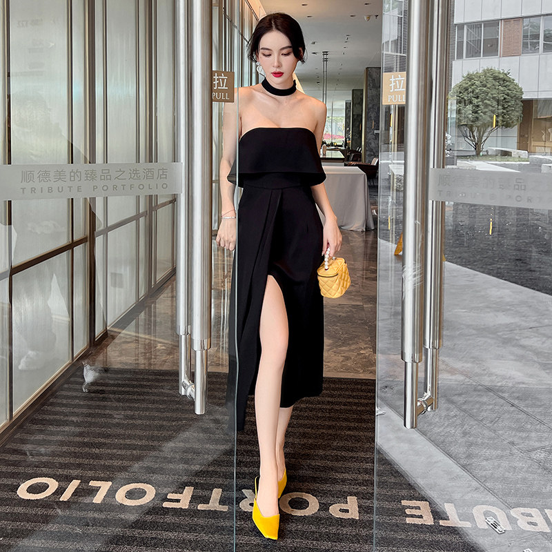 抹胸一字肩宴会小礼服平时可穿2023新款赫本风气质收腰连衣裙女夏