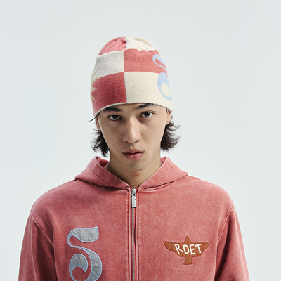 Randomevent复古太阳图腾撞色格子毛线帽 2025年秋