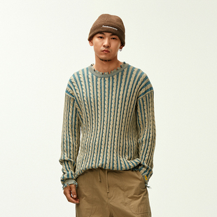 Randomevent春季 绞花毛衣 情侣针织圆领复古破坏毛线衫