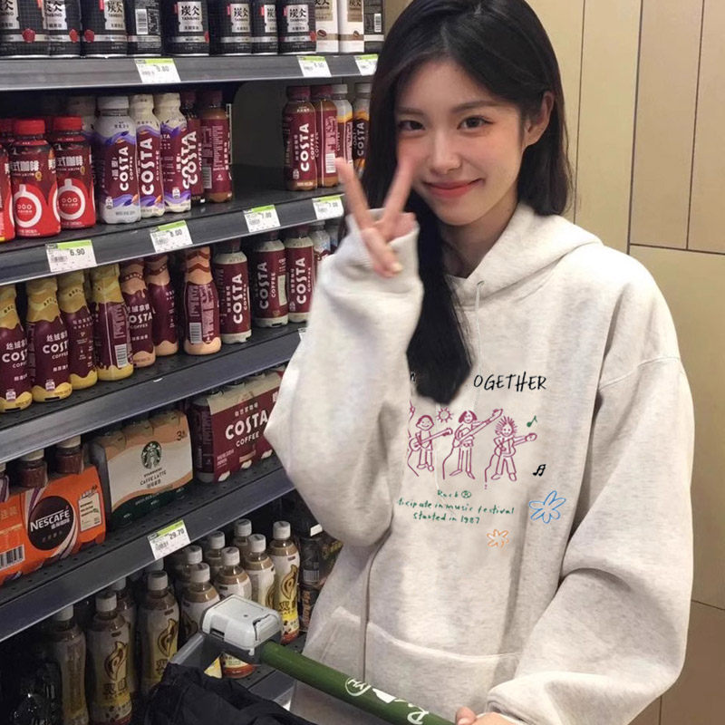 尖动连帽卫衣女2026春秋新款宽松休闲oversize美式套头花灰色外套