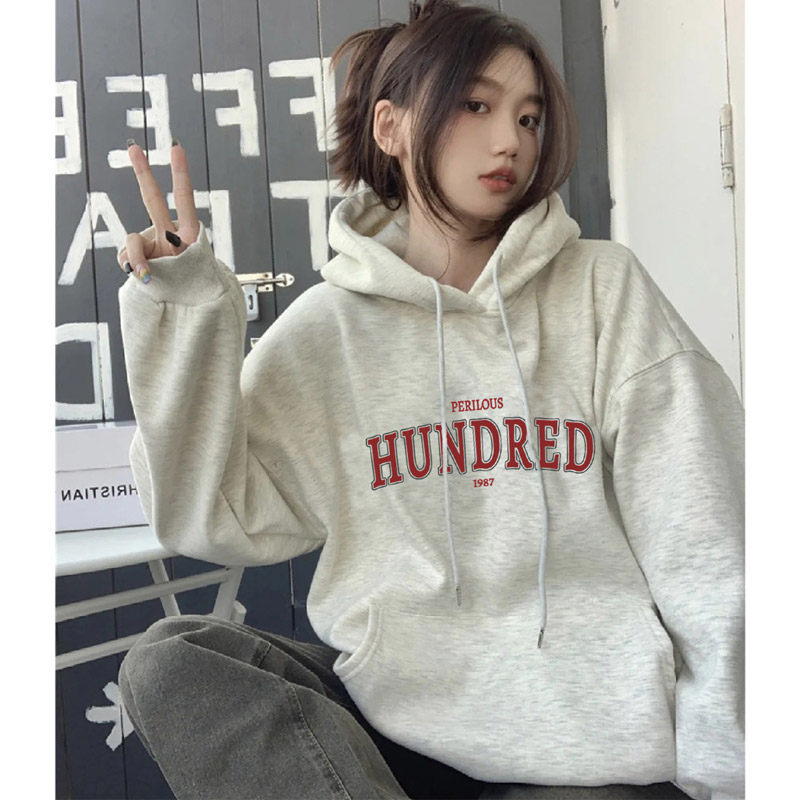 美式复古字母白灰色连帽卫衣女宽松oversize学院风秋冬款加绒加厚