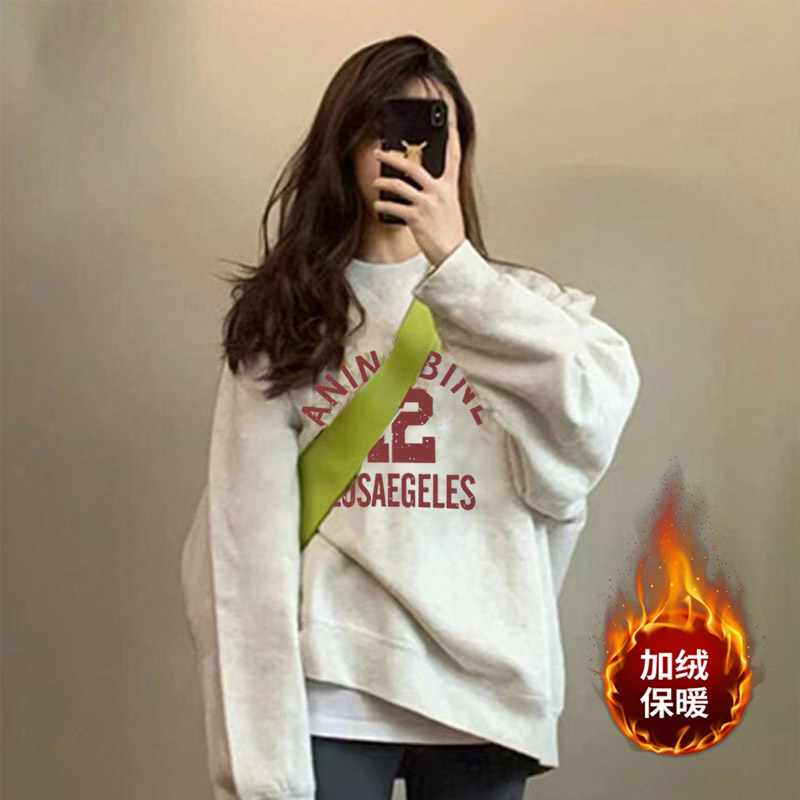 美式花灰色加绒宽松卫衣2025新款