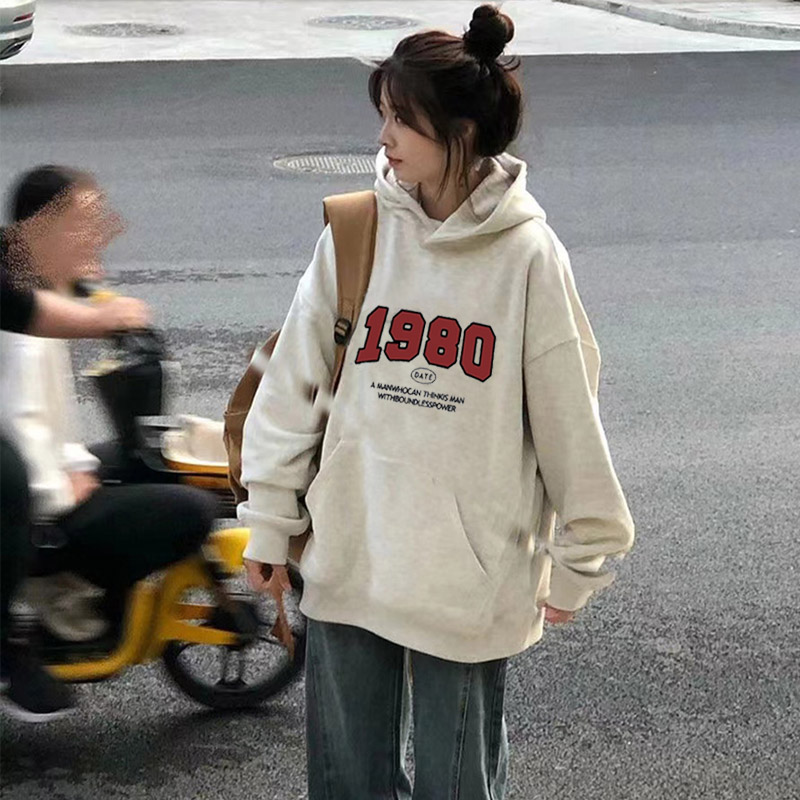 白灰色美式字母印花宽松卫衣女2025新款秋季韩版百搭加绒长袖外套