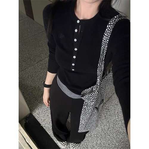 秋冬女打底衫美式排扣半开领长袖T恤早新款辣妹紧身收腰亨利1008k