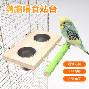 不锈钢鸟食盒喂鸟器虎皮牡丹玄凤鹦鹉食碗八哥杯食槽水盆实木站台