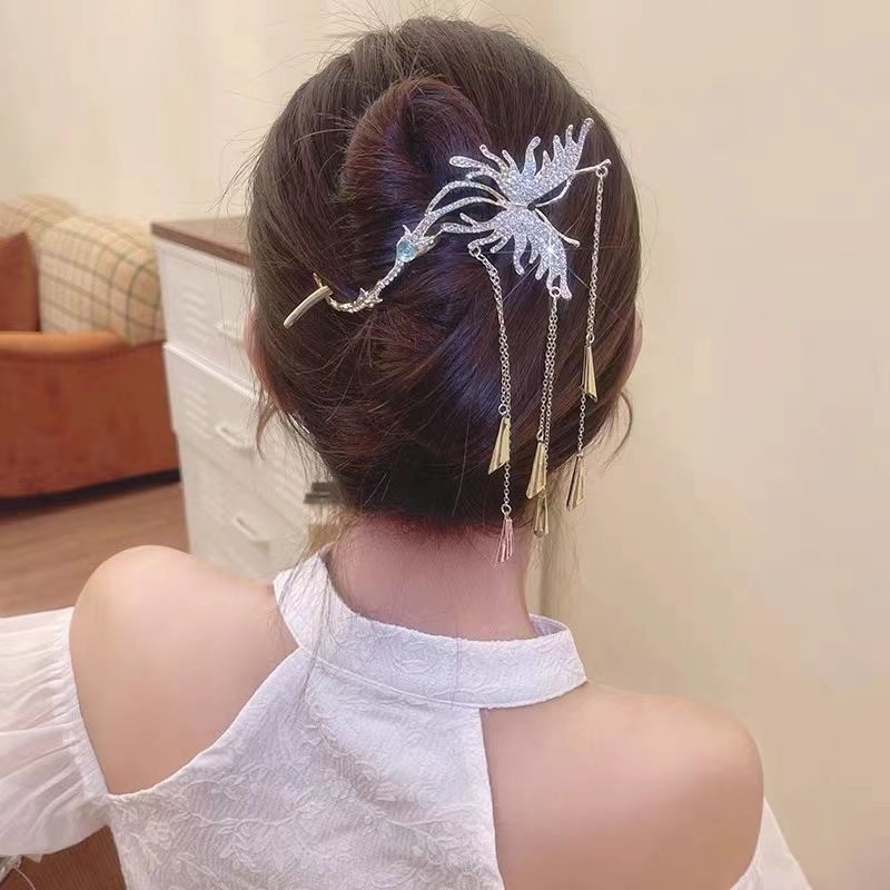 高级感蝴蝶流苏发夹女气质网红步摇水钻珍珠扭扭夹后脑勺盘发夹子