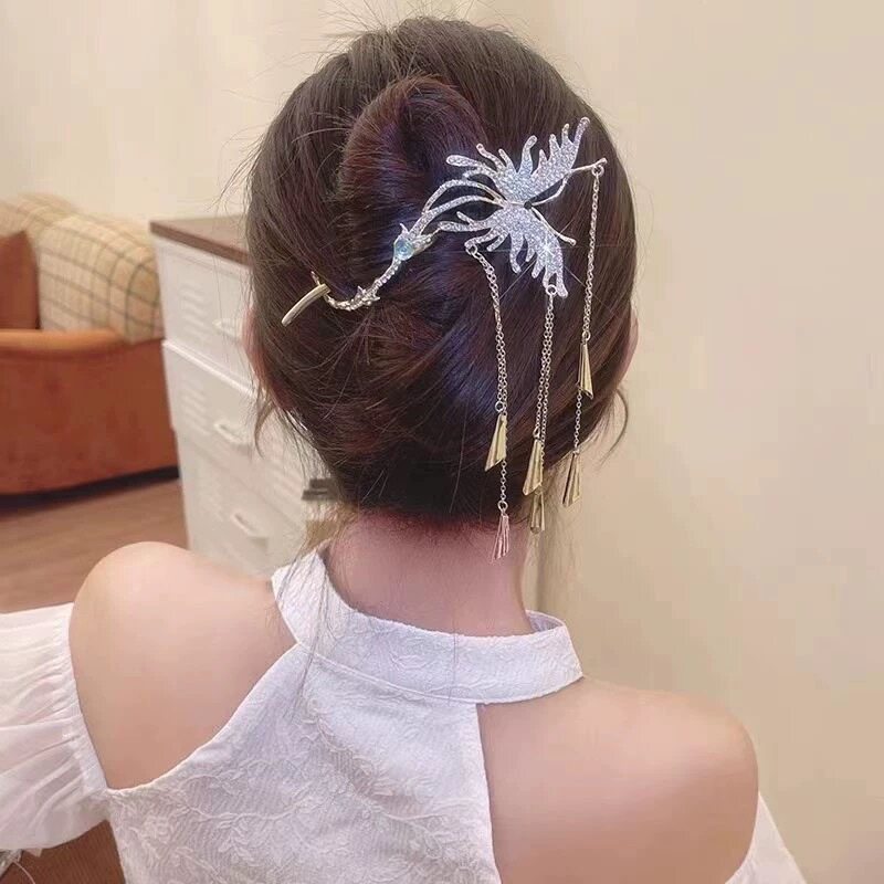 高级感蝴蝶流苏发夹女气质网红步摇水钻珍珠扭扭夹后脑勺盘发夹子