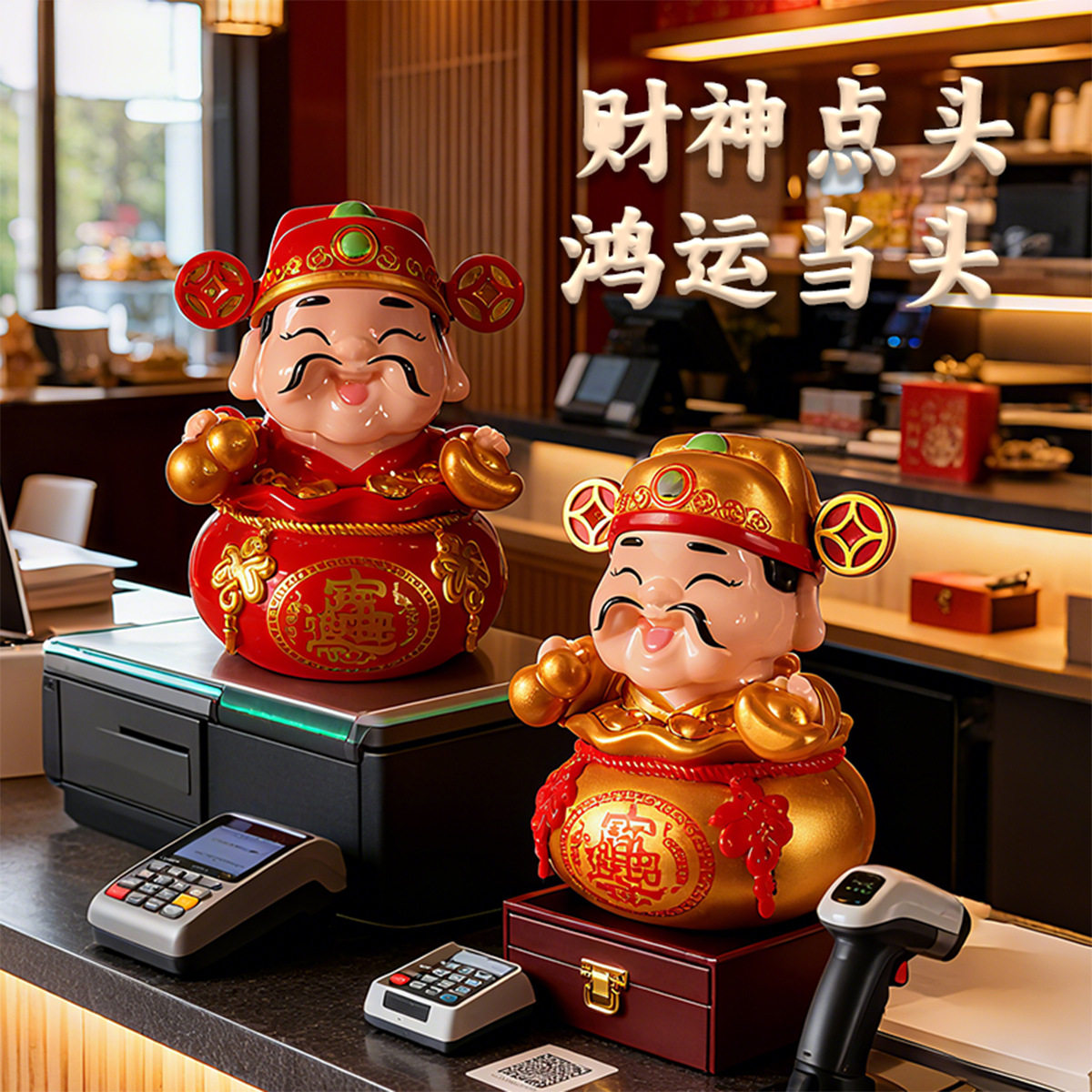 新年太阳能摇摆财神爷摆件国潮创意汽车招财摆件吉祥五福临门装饰