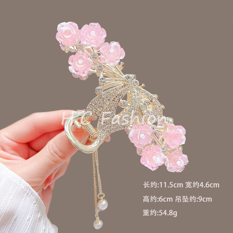 优雅小香风新款发夹女甜美气质玫瑰花朵抓夹步摇流苏鲨鱼夹子发卡