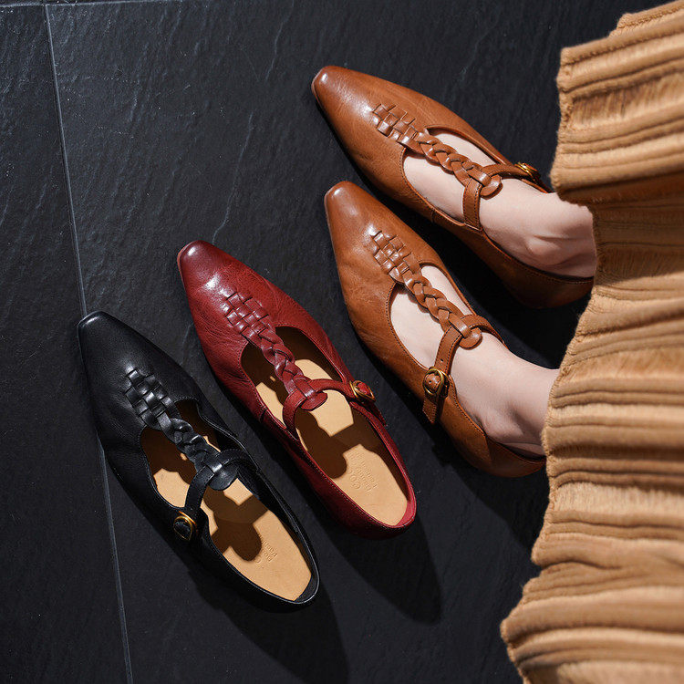 意大利水洗马皮法式丁字带单鞋女粗跟复古真皮浅口玛丽珍鞋高级感