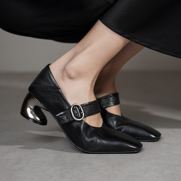 高级质感巨舒适好穿显高显瘦复古方头粗跟单鞋女士真皮玛丽珍鞋