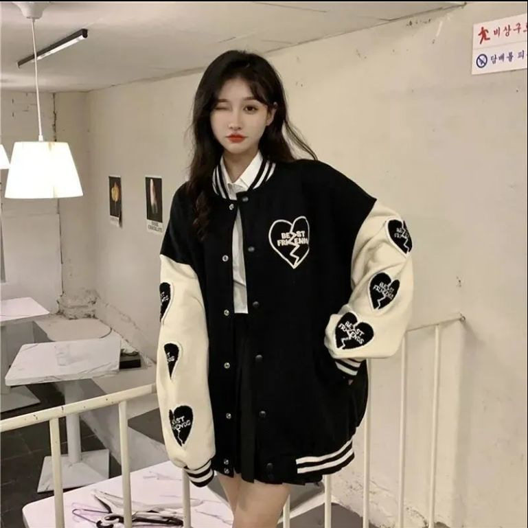 秋季新款日系爱心印花拼色棒球服外套女学生韩版宽松百搭夹克