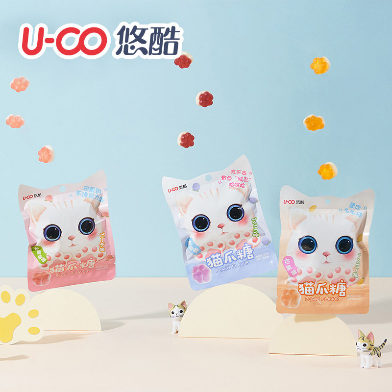悠酷猫爪糖少女心零食软糖高颜值可爱儿童水蜜桃葡萄芒果味橡皮糖