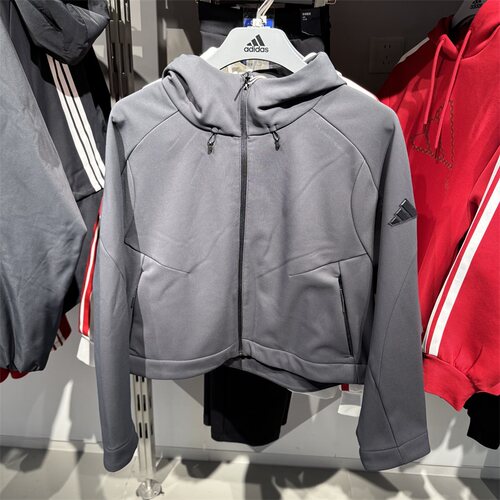 adidas阿迪达斯外套女子2025春季新款运动休闲连帽加绒夹克JM4318