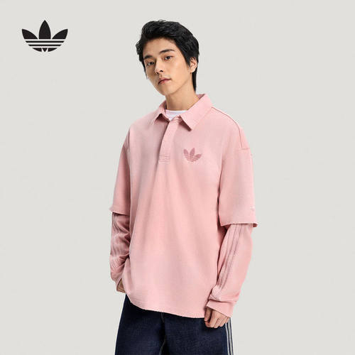 阿迪达斯三叶草假两件翻领POLO衫26春粉色长袖T恤男KR5054 KR5045