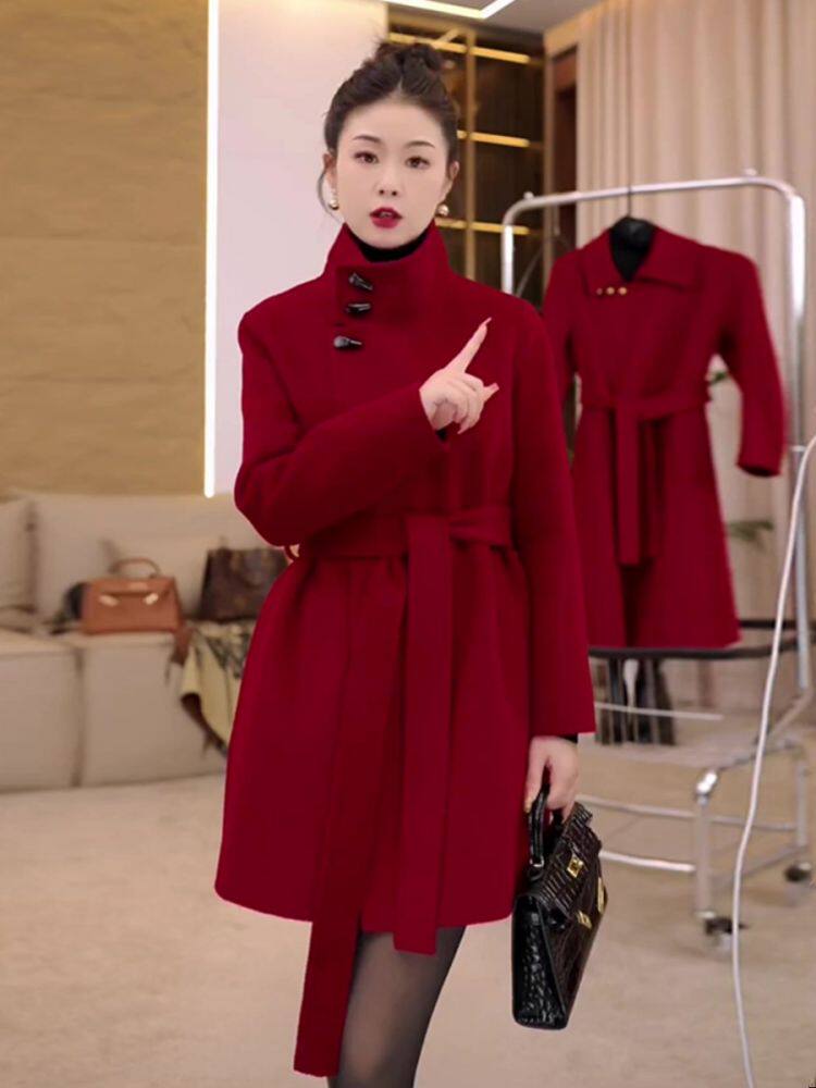 【现货】本命年羊绒大衣富家千金红色毛呢外套女冬季新款