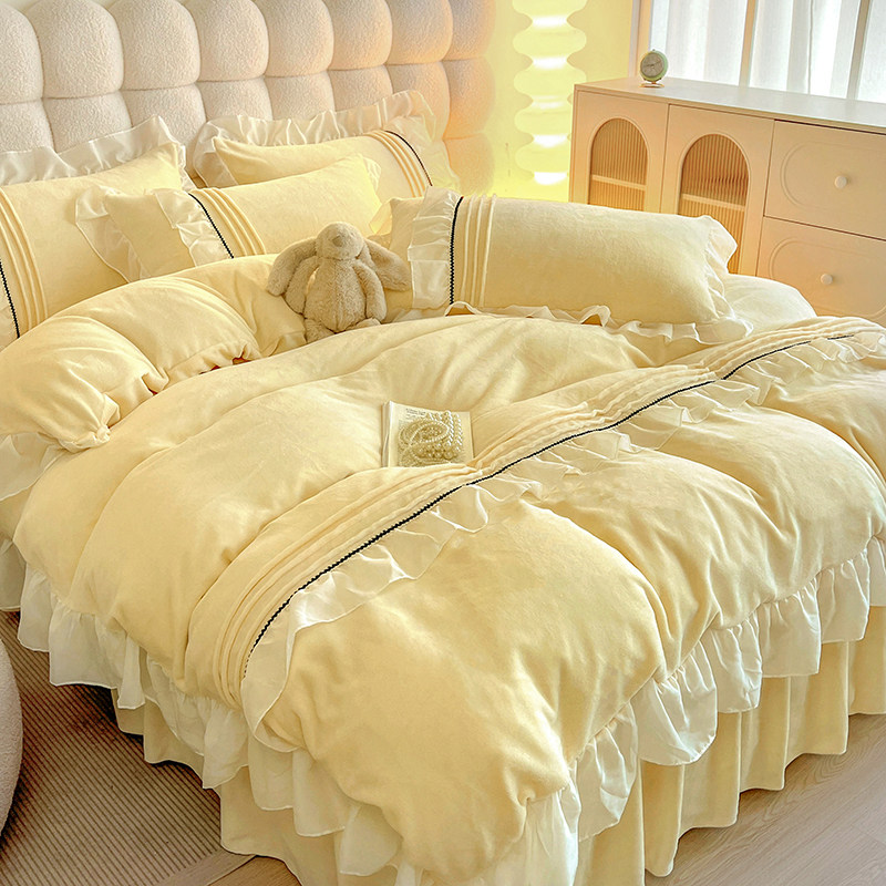 韩式加厚牛奶绒公主风四件套保暖珊瑚绒被套床裙双面绒床单床笠式