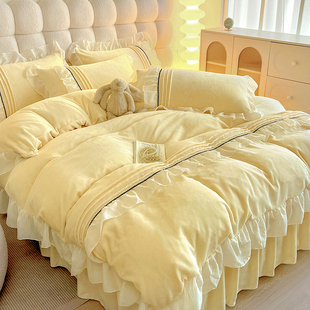 韩式加厚牛奶绒公主风四件套保暖珊瑚绒被套床裙双面绒床单床笠式