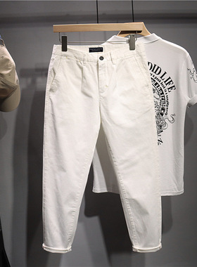毒类 欧洲站时尚百搭纯白色休闲裤男韩版修身小脚裤弹力9分裤子男
