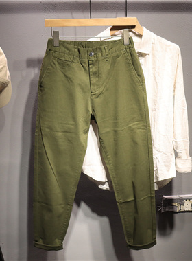 毒类  时尚复古军绿色工装休闲裤男士秋季百搭直筒水洗松紧腰长裤