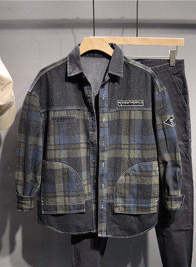 毒类 牛仔格子外套男韩版潮流秋季痞帅夹克ins港风潮牌百搭上衣男
