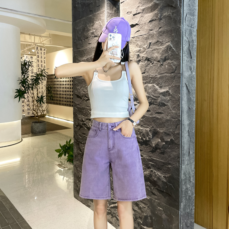 紫色五分牛仔短裤女夏季薄款2024年新款高腰宽松a字阔腿5分中裤子