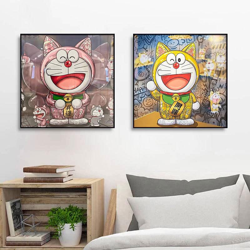机器猫玄关装饰画隐形富豪客厅落地壁画摆件卡通招财猫正方形挂画图片