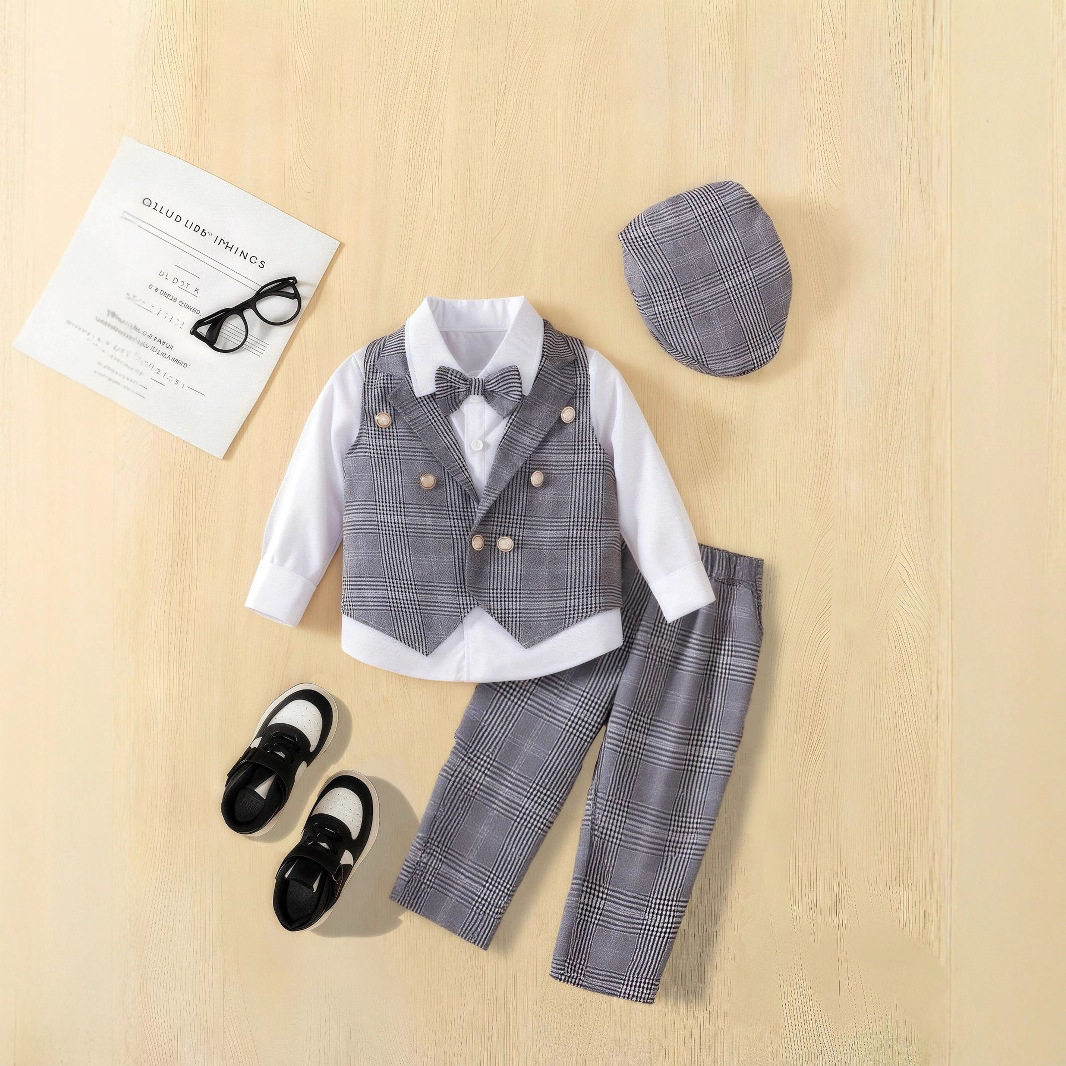 跨境专供春秋款儿童礼服格子马甲套装长袖衬衣男童西装演出服童装,童装/婴儿装/亲子装,儿童礼服,淘宝优惠券,粉丝福利购,淘宝优惠卷