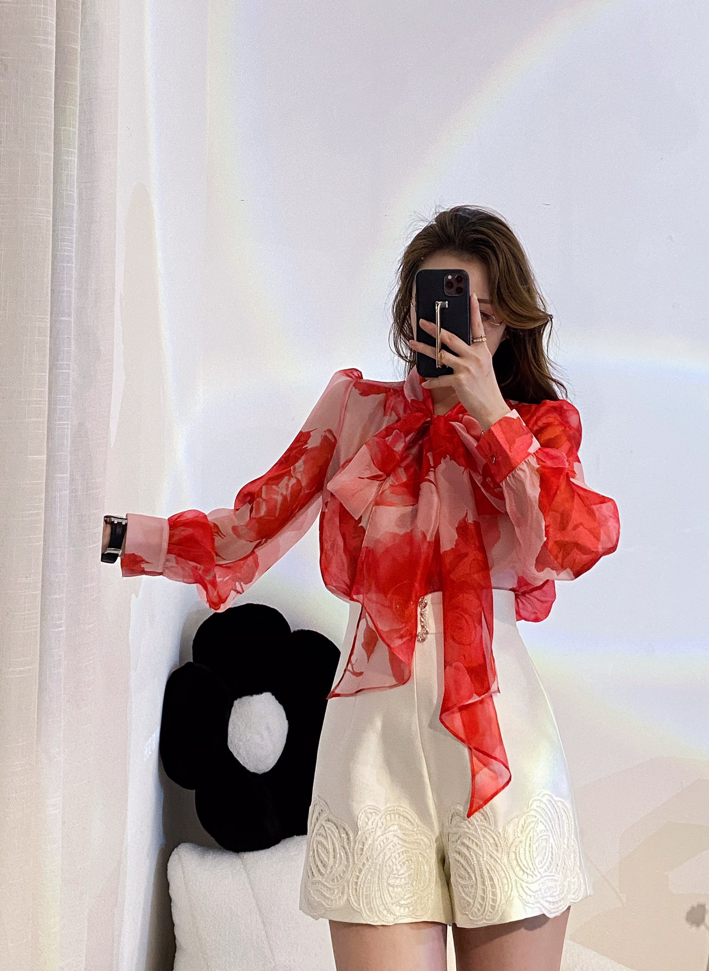 【11特惠】2023春夏百搭衬衫夏季红色印花衬衫上衣 RC023