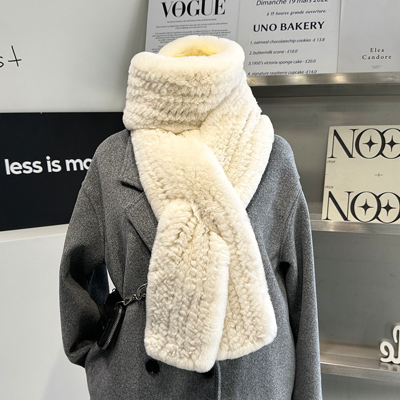 真獭兔毛围巾韩版简约长款毛绒编制毛毛围脖保暖加厚冬季百搭女士