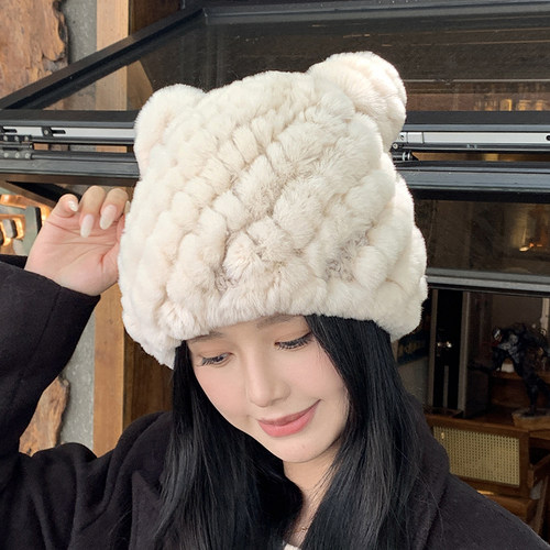 真獭兔毛皮草小熊帽子加厚毛毛帽