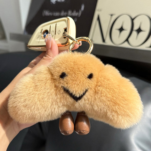 獭兔毛可爱牛角包汽车钥匙扣挂件