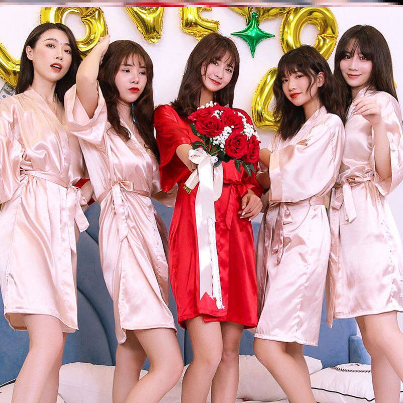 晨袍女新娘婚礼装结婚睡袍红色刺绣伴娘团睡衣冰丝浴袍夏大码春秋