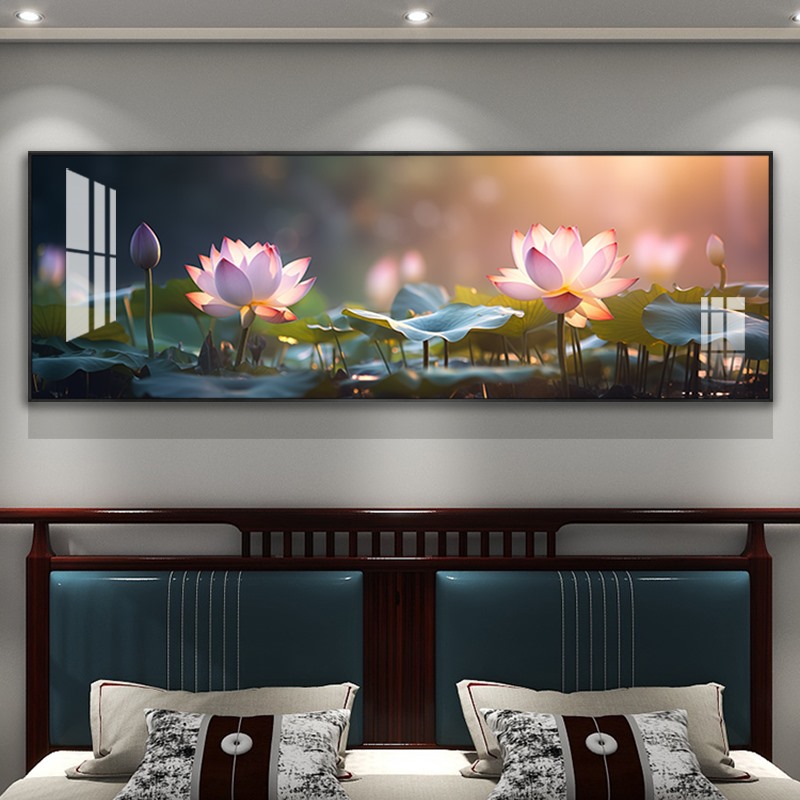 现代简约荷花装饰画主卧室床头背景墙挂画轻奢高级感民宿房间壁画图片