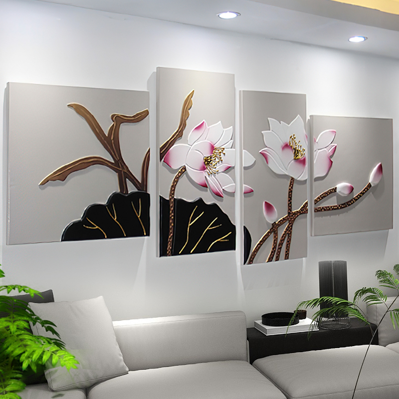 新中式客厅装饰画沙发背景墙挂画大气3D立体壁画荷花禅意茶室壁画图片