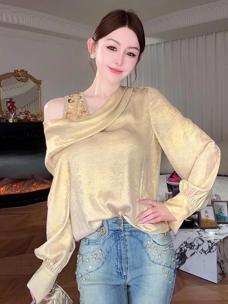 法式小资小上衣女夏时尚洋气时髦轻奢高级感巨好看香槟色衬衫1688