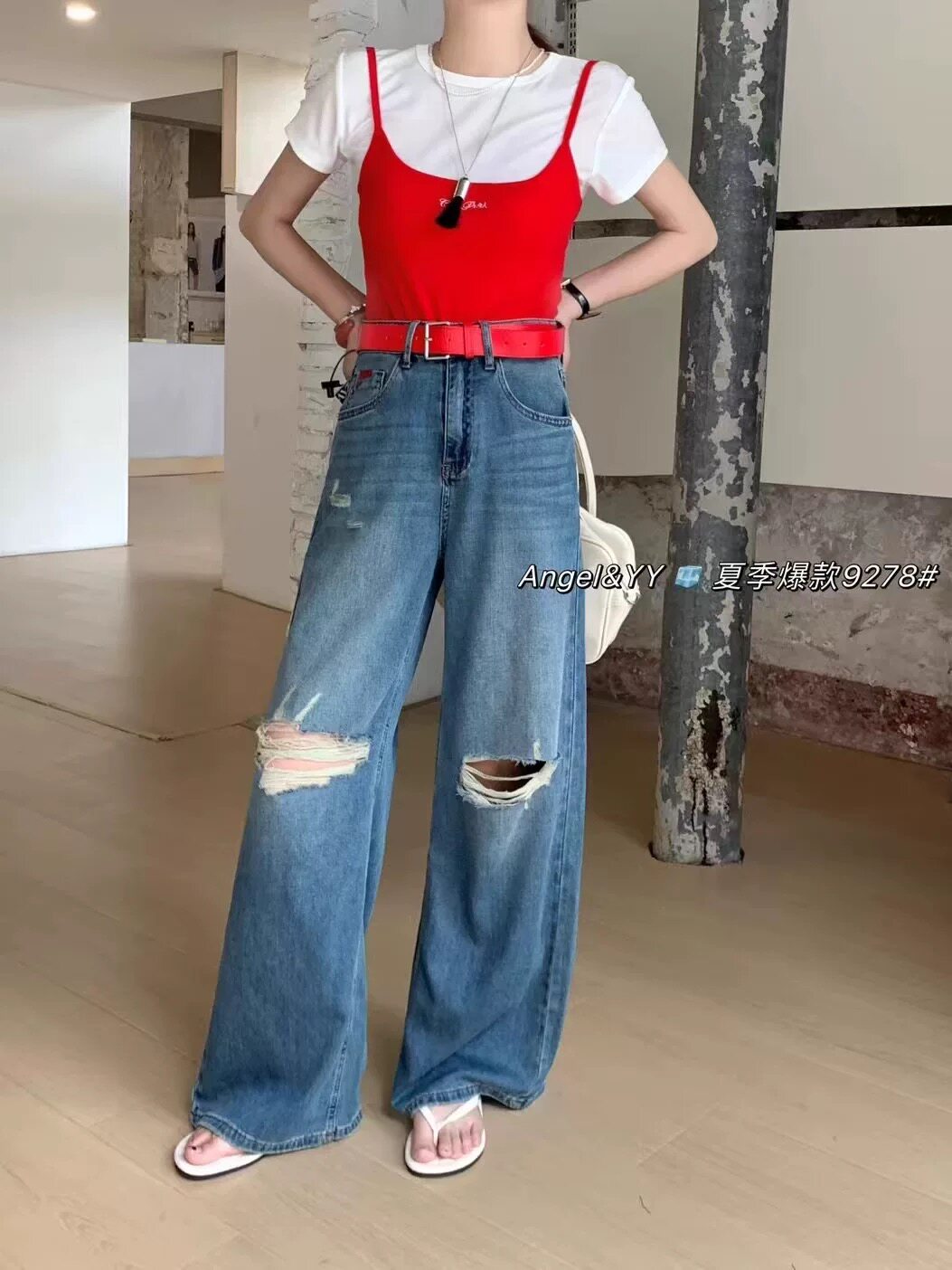 亏本清阔腿牛仔裤女丝弹力高腰破牛仔裤
