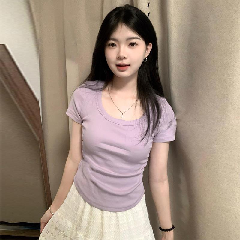 紫色大领口正肩短袖T恤女夏季小个子纯棉U领纯欲辣妹收腰显瘦上衣