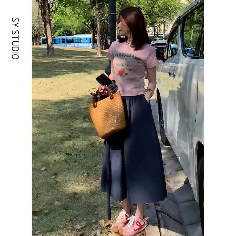 清纯系夏日穿搭套装超好看修身显瘦印花短袖T恤气质半身裙两件套