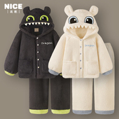 家居服套装 珊瑚绒情侣睡衣女冬季 加厚加绒保暖男士 连帽可爱小怪兽