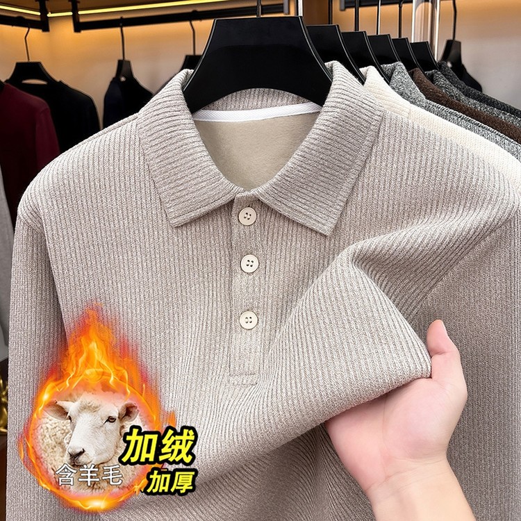 秋冬季男士翻领针织衫加绒加厚卫衣中老年套头休闲宽松保暖打底衫